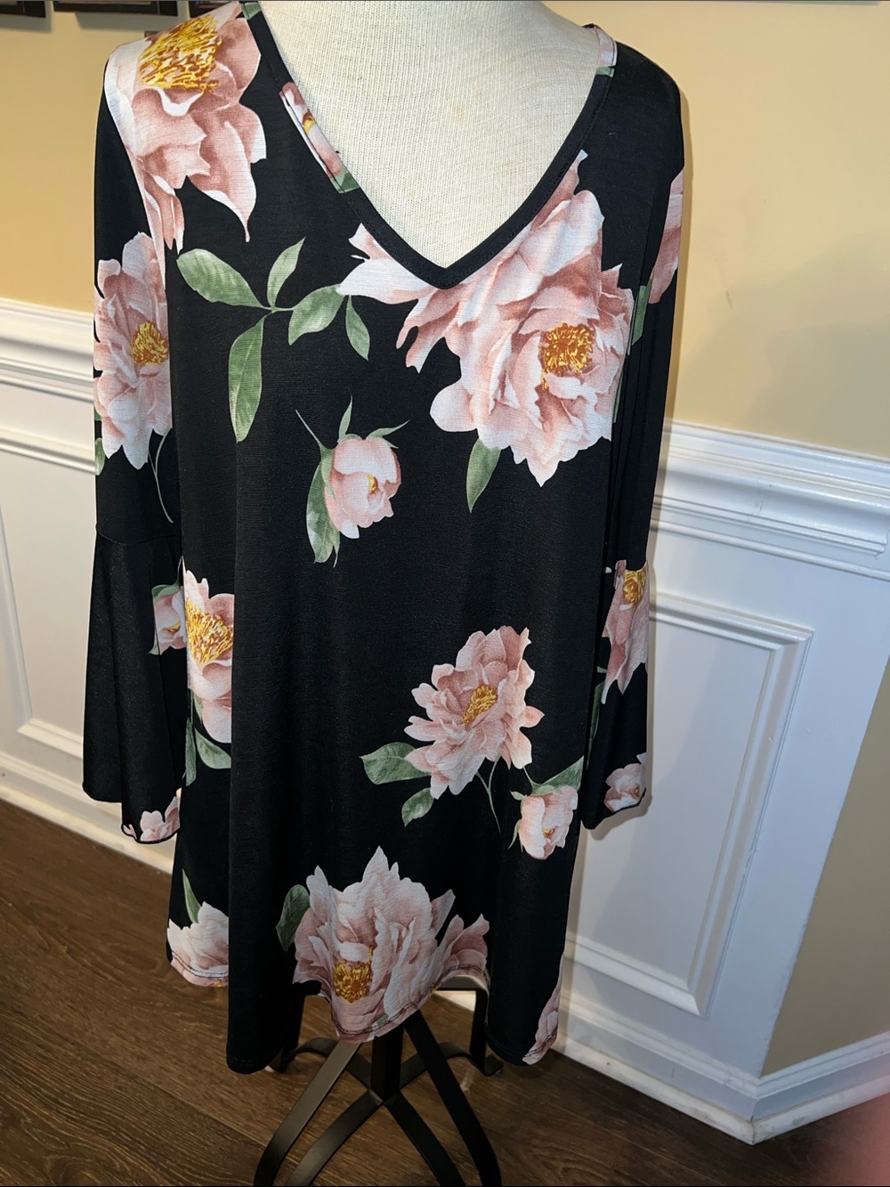 Black Floral V-Neck Women's Top with Pink Peonies